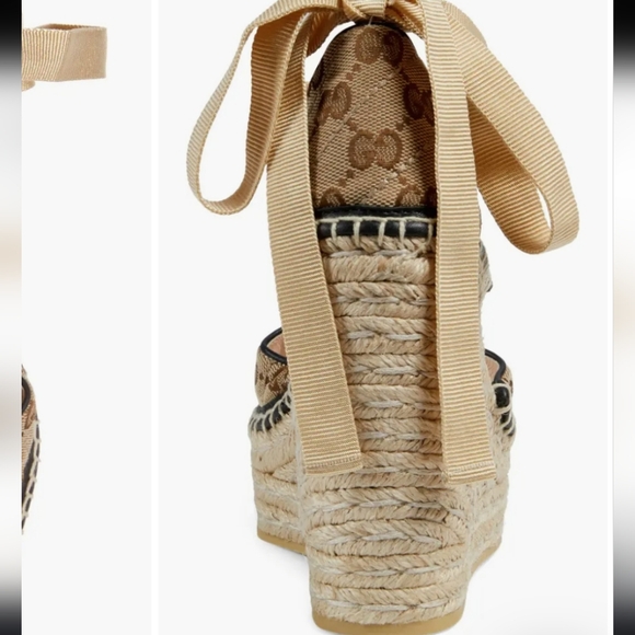 Gucci Pillar GG Ankle Tie Espadrille Platform Wedges - Picture 4 of 10
